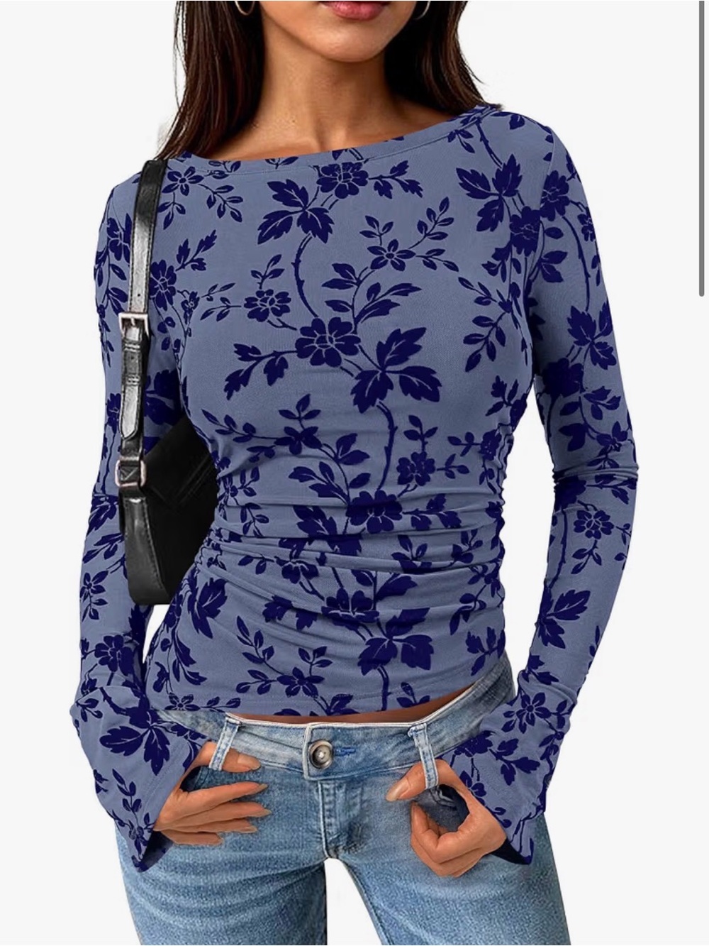 Floral Long-Sleeve Fitted Tee - Blue